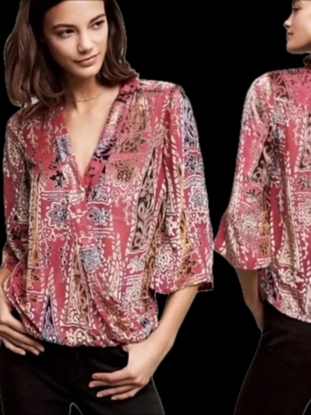Anthropologie Pink Medallion Print Surplice Wrap Blouse 3/4 Sleeve Top